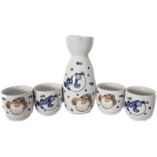 Puffer Fish - (4) 4.5cm Cups & (1) 13cm Sake Server