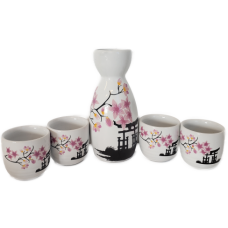 Temple & Cherry Blossom Sake Set - (4) 4.5cm Cups & (1) 13cm Sake Server