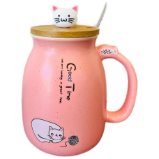 16 fl oz. Cat Cup W/ Spoon & Wooden Lid - Pink