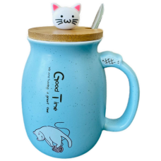 16 fl oz. Cat Cup W/ Spoon & Wooden Lid - Blue