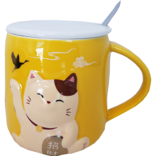 14 fl oz Cat Mug with Spoon & Wooden Lid - Yellow
