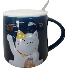 14 fl oz Cat Mug with Spoon & Wooden Lid Blue