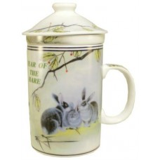 12oz (4 1/4"H) Tea Cup w/Lid & Strainer - Chinese Zodiac "Hare"